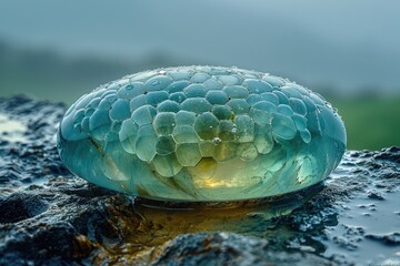 Poster - A Teal, Glass-Like Orb Resting on a Wet, Dark Rock