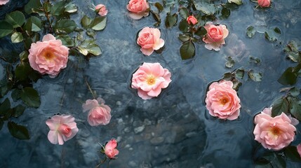 Top view of pink roses floating serenely on a water surface, soft light highlighting the delicate petals.