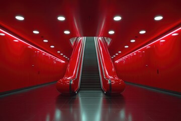 Poster - Red Escalator in a Modern Architectural Corridor