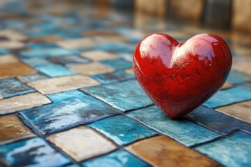 Poster - Red Heart on a Blue and Tan Mosaic Tile Floor