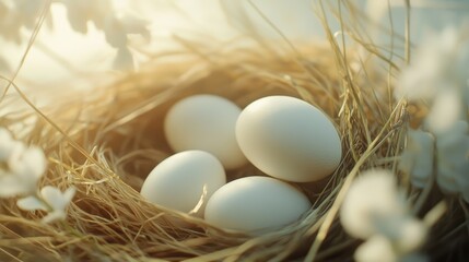 White eggs gently resting in a nest of straw grass, each egg perfectly placed in an organic arrangement, soft light and shadows. --ar 16:9 --v 6.1 Job ID: 506be90b-6e5e-4e09-bee3-2c211fa88e72