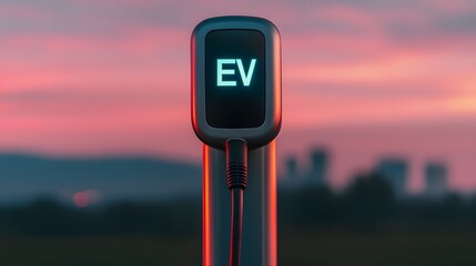 A modern electric vehicle (EV) charging station glows against a colorful sunset, highlighting the shift towards sustainable transportation.