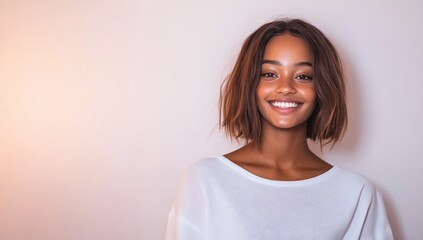 Wall Mural - A young woman with short brown hair smiles warmly at the camera.