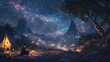 © sarun - A mystical gypsy camp under the stars, where a fortune teller prepares to read a spread of tarot cards for a seeker.
