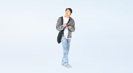 Leinwandbilder - スマホを持って歩くカジュアルウェアの男性の後ろ姿の全身写真（切り抜き背景透過PNGも販売しております。作成者リンクから「PNG」で検索してください）