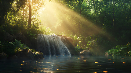 A picturesque waterfall nestled in a serene forest, with sun rays filtering through the trees and illuminating the water's surface 