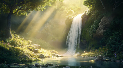 A secluded waterfall hidden in a verdant landscape, with sunlight illuminating the water as it cascades down 