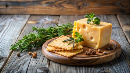 Fresh piece of cheese on wooden board with herbs and crackers, cheese, fresh, food, dairy, organic, gourmet, appetizer