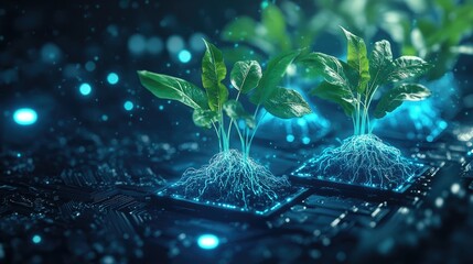 Two green plants growing from a circuit board with glowing roots, representing the concept of technology and nature.