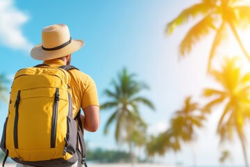 A traveler in a yellow backpack enjoys a sunny day at a tropical beach surrounded by palm trees and the ocean.