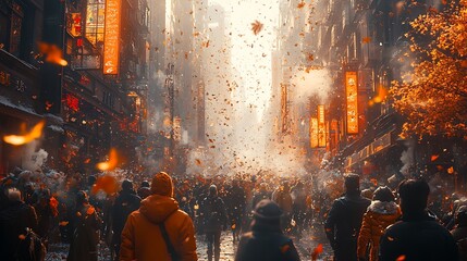 A crowd of people stand in a city street with falling leaves and a bright light in the distance.