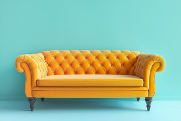 Yellow sofa on background of blue wall, concept of modern minimalist interior.