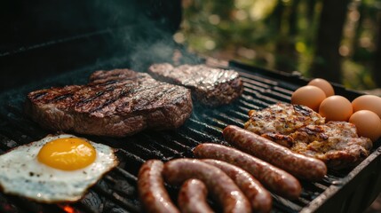 A close-up of steaks, sausages, and eggs cooking on a portable grill, surrounded by