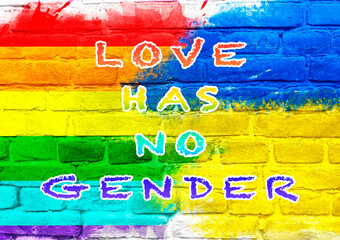 Poster - Colorful wall with the words love has no gender written on it