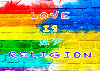 Poster - A colorful wall with the words love is my religion written on it