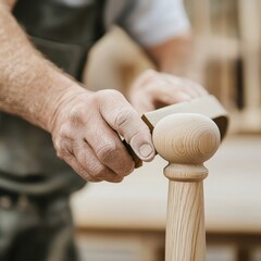 Craftsman smoothing wooden furniture detail with sandpaper, focus on hands.