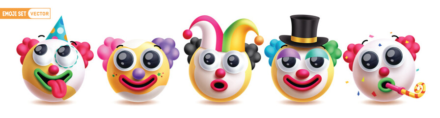 Poster - emoji clown emoticon characters vector set. emojis 3d emoticons birthday clowns in naughty, funny, j