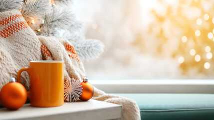 A cozy living room with a frosted window, a plaid blanket draped over a couch, and a Christmas tree adorned with ornaments and twinkling lights create a warm holiday ambiance.