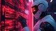 © maesarin - Advanced robot technician adjusting and monitoring the sensors of a futuristic holographic infused car in a dark neon lit industrial setting showcasing the of automated technology and transportation