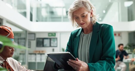 Wall Mural - Mature woman, tablet and working at office admin counter with planning and tech for email marketing. Website, boss and online review of digital campaign project with app and online response design