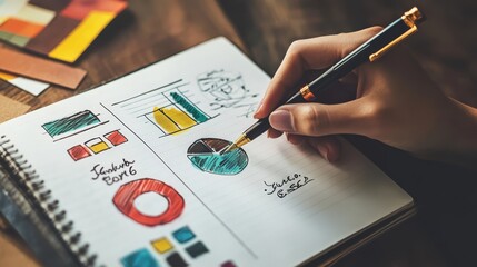 Poster - Strategic Planning: Hand sketching colorful charts and graphs in a notebook. A close-up shot showing meticulous detail and creative business strategy. 