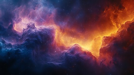 Wall Mural - A vibrant cosmic nebula with swirling clouds of gas and dust in shades of blue, purple, and orange, with a scattering of stars in the background.