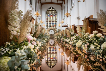 Floral Decor in Church with Stained Glass and Chandeliers