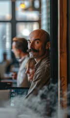 Wall Mural - A man with a mustache leans against a wall, looking towards the camera. AI.