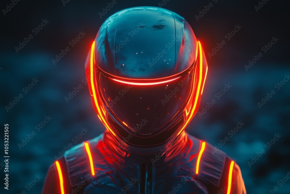 close-up photo of futuristic astronaut in space suit with neon lights ...