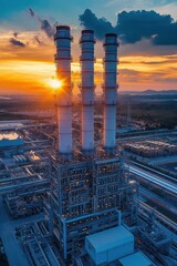 A gas power plant against a vibrant sunset backdrop symbolizes hope amid the ongoing energy crisis, reflecting resilience and determination in building a sustainable future through energy solutions.