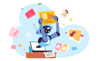 Fototapete - Ai content creation. Artificial intelligence automation work in computer cyberspace, social media development art generation robot author or business assistance vector illustration