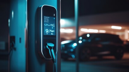 An EV charging station with a digital screen displaying information about charging speed