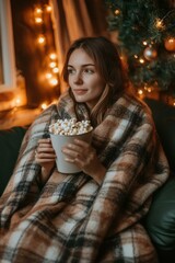 Poster - Cozy night in with a warm blanket and a bowl of popcorn. AI.