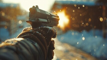 Wall Mural - Close-up of the criminal's hand with a gun. A man shoots a gun in the street