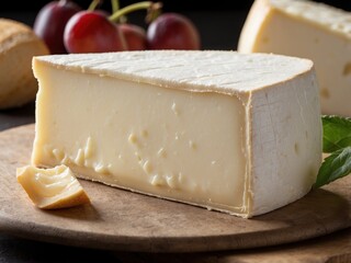 A close-up of a slice of creamy Brie cheese highlighting its velvety texture and white rind, perfect for spreading on crackers or enjoying with fruits and wine on a gourmet cheese platter