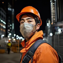 Construction worker in urban night scene wearing safety gear