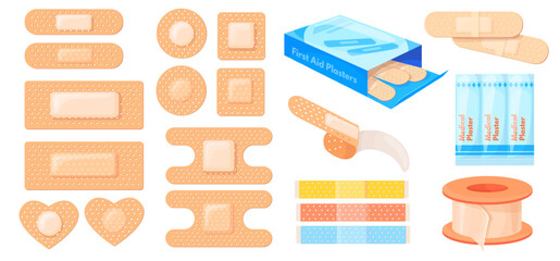 cartoon medical plasters. adhesive bandage, sticky patch sterile plaster for first aid medical help 