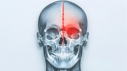 Medical X Ray Image of Human Head Displaying a Bone Fracture Highlighted with a Red Overlay Indicating an Injury or Trauma to the Facial Area