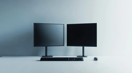 Poster - Minimalist Setup of Two Black Monitors with a Keyboard and Mouse on a White Desk