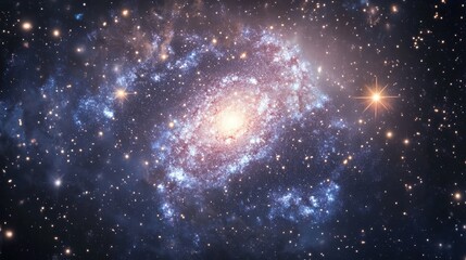 Wall Mural - a vivid depiction of a dwarf galaxy with bright star clusters, surrounded by swirling gas and dust, 