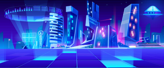 Poster - Futuristic metropolis with blue and violet neon lights. Glass skyscrapers in night downtown. Cartoon vector metaverse tech urban landscape with glowing holographic displays and digital grid floor.