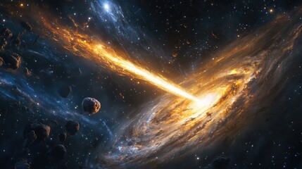 Wall Mural - a dramatic cosmic landscape of a galaxy with a comet, where the celestial bodies create a stunning s