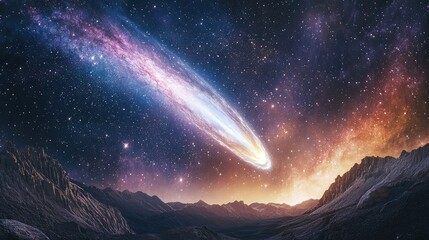 Wall Mural - a dramatic cosmic landscape of a galaxy with a comet, where the celestial bodies create a stunning s