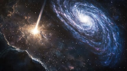 Wall Mural - a dramatic portrayal of a galaxy with a bright comet streaking through its stars, creating a stunnin
