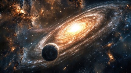 Wall Mural - a mesmerizing cosmic landscape where a comet orbits a galaxy, illuminating the dark space with its b