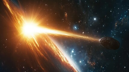 Wall Mural - a mesmerizing cosmic landscape where a comet orbits a galaxy, illuminating the dark space with its b
