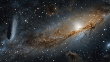 Wall Mural - a serene view of a distant galaxy with a comet traversing its vicinity, surrounded by soft clouds of