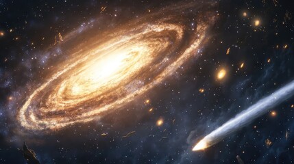 Wall Mural - a stunning cosmic scene featuring a galaxy and a comet passing through its spiral arms, surrounded b