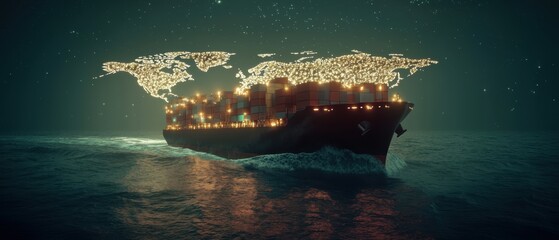 A illuminated cargo ship navigating through dark waters, showcasing a map of the world made from lights.