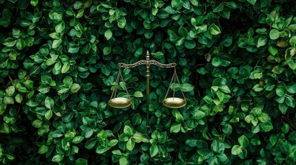 Symbolic scales of justice against a lush green foliage background, representing fairness and balance in society.